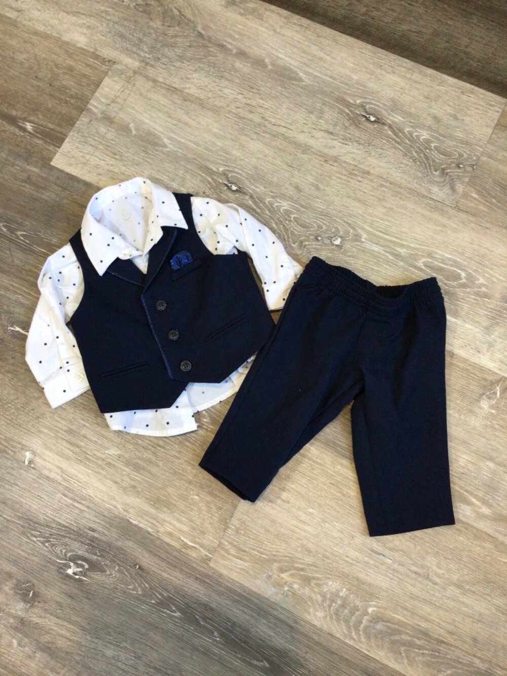 3pc Infant Navy Blue White Suit - Shirt, Vest, and Pants 3-6 months